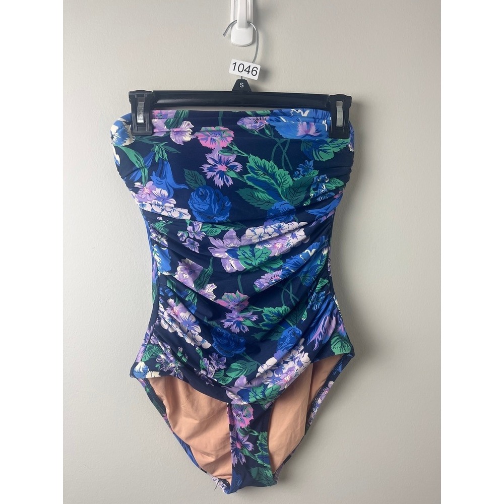 2/$30 J. Crew Navy Blue Floral Ruched Strapless Bandeau One Piece Swimsuit 6